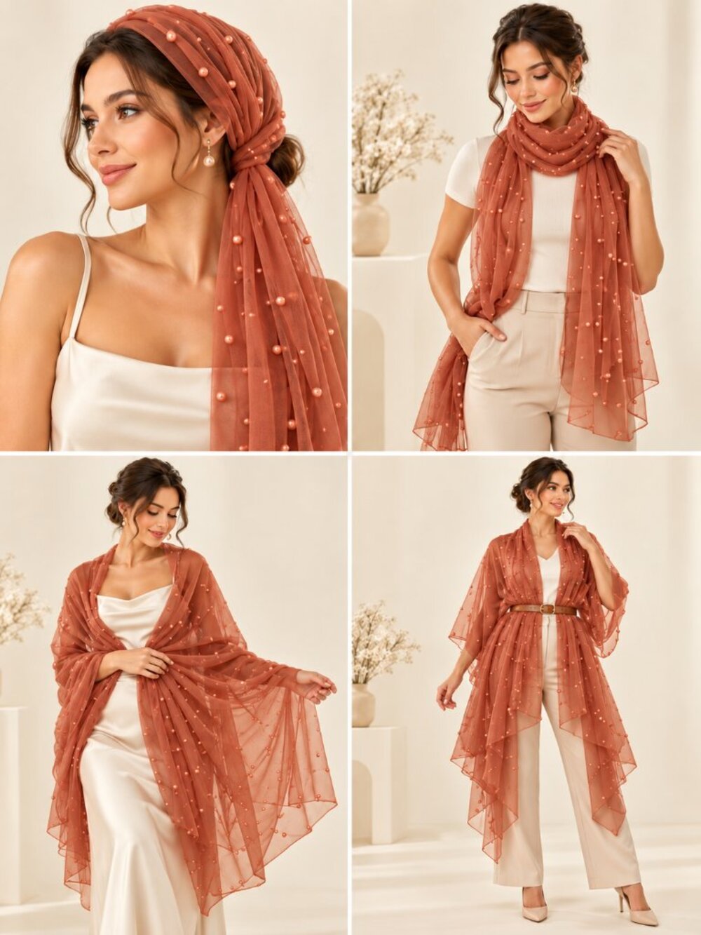 Burnt Orange Pearl Sheer Tulle Scarf 25x112